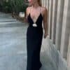 Black Deep V-Neck Gown with Floral Detail