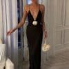 Black Deep V-Neck Gown with Floral Detail