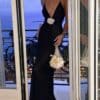 Black Deep V-Neck Gown with Floral Detail