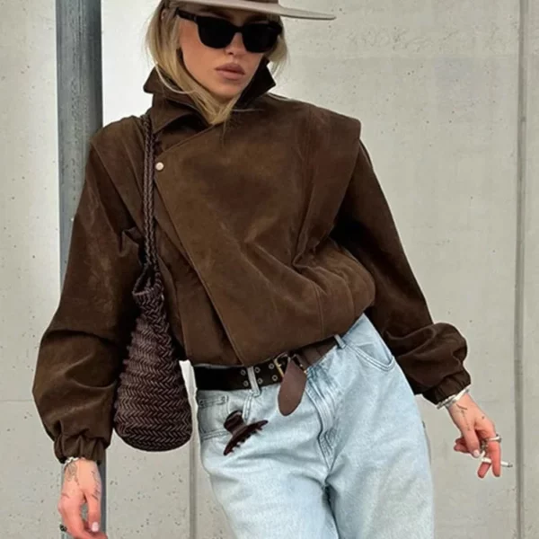 Cropped Suede Bomber Jacket in Dark Brown