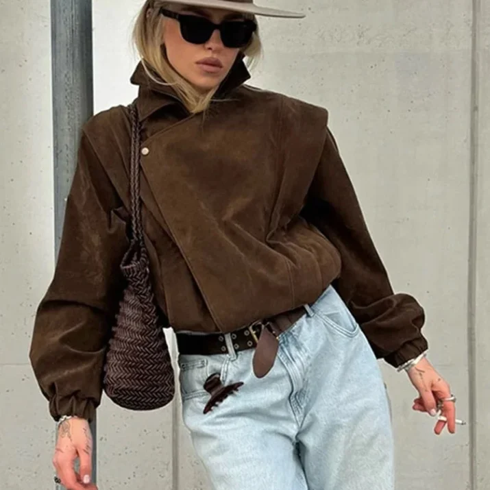 Cropped Suede Bomber Jacket in Dark Brown