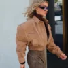 Cropped Suede Zip Jacket in camel
