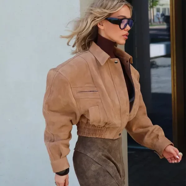 Cropped Suede Zip Jacket in camel