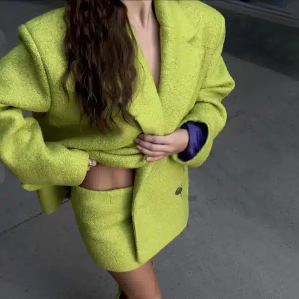 Heart-Pocket Blazer Skirt Set in Lime Green