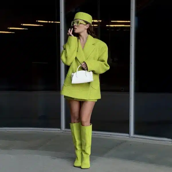 Heart-Pocket Blazer Skirt Set in Lime Green