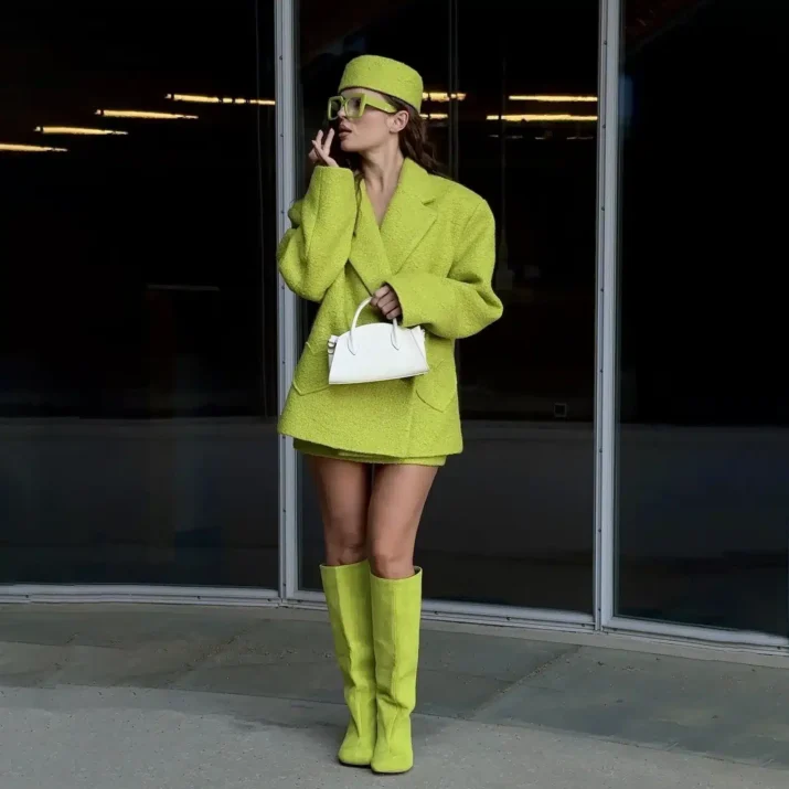 Heart-Pocket Blazer Skirt Set in Lime Green