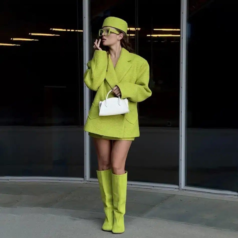 Heart-Pocket Blazer Skirt Set in Lime Green