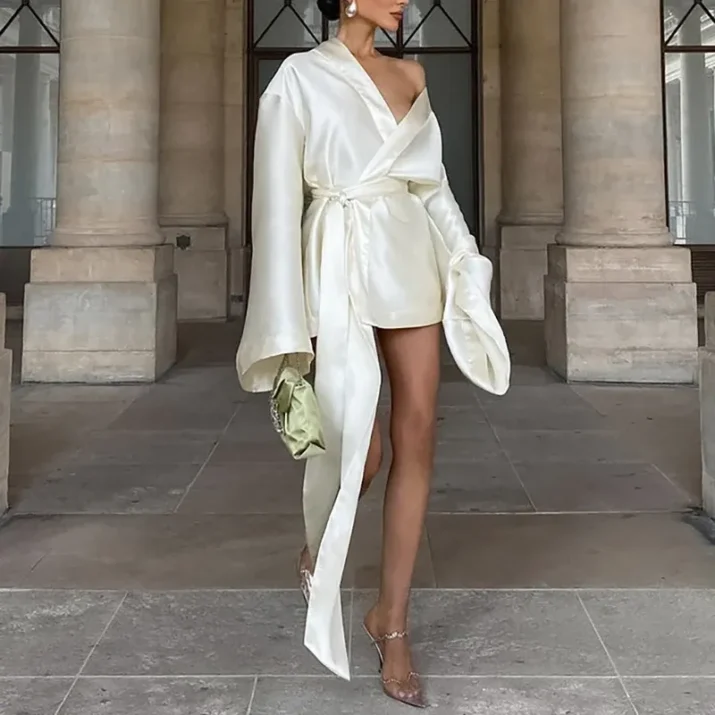 Satin Long Belt Kimono Dress