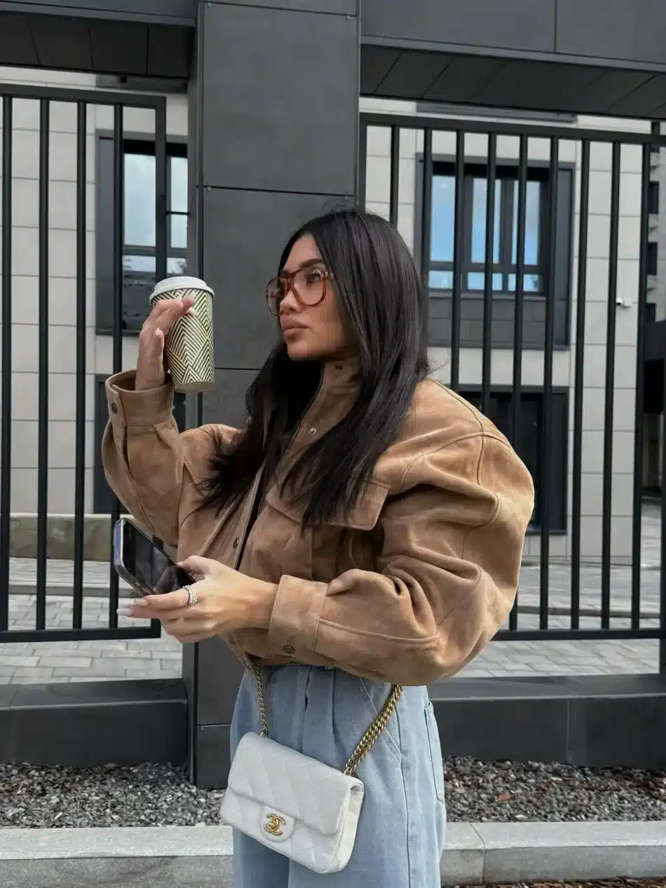 Tan Oversized Suede Bomber jacket