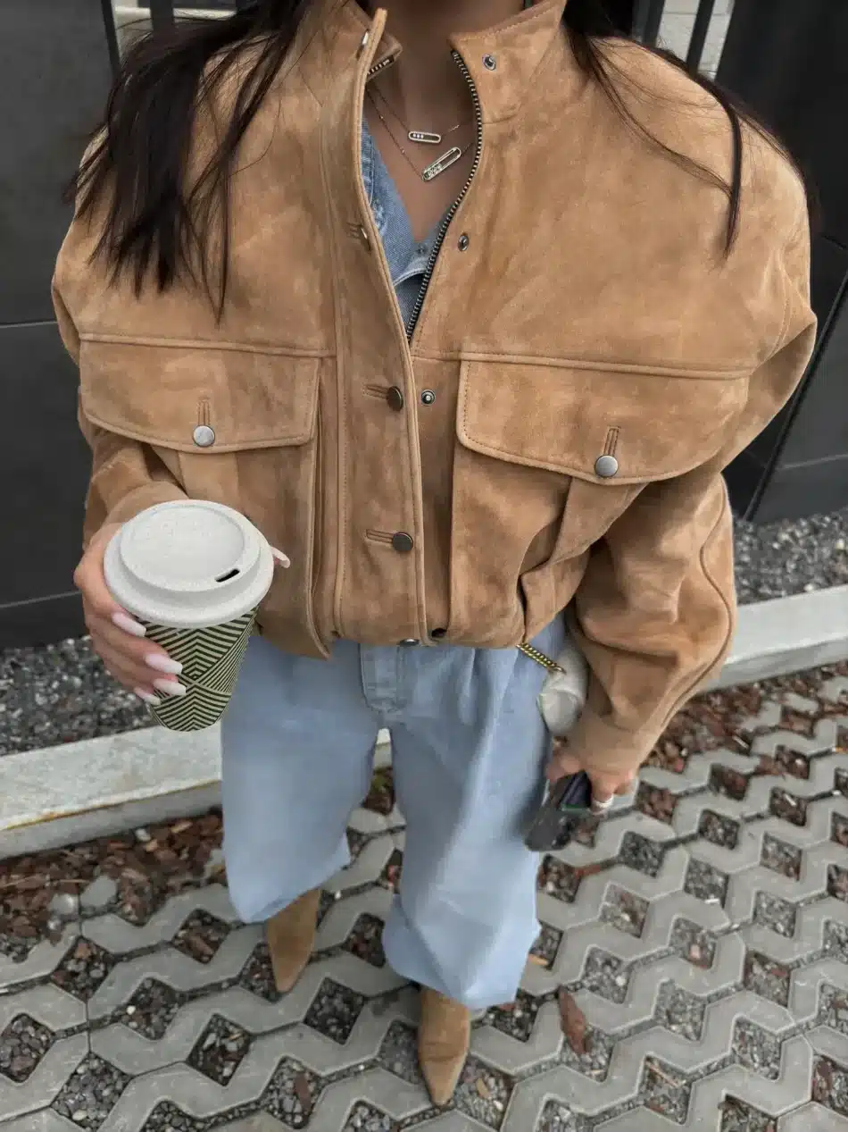 Tan Oversized Suede Bomber jacket