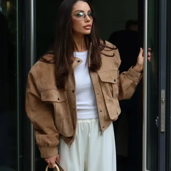 Tan Oversized Suede Bomber jacket