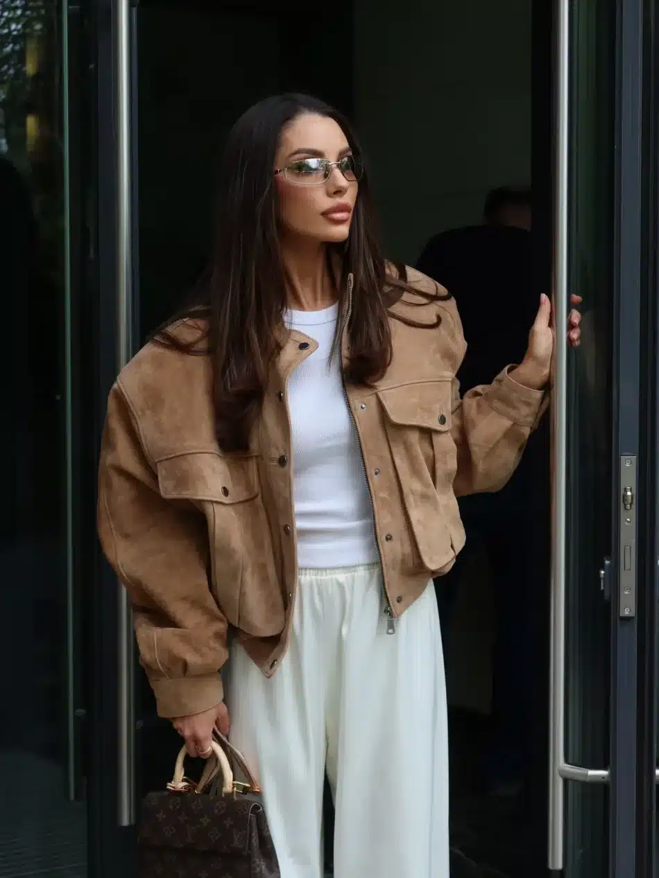 Tan Oversized Suede Bomber jacket