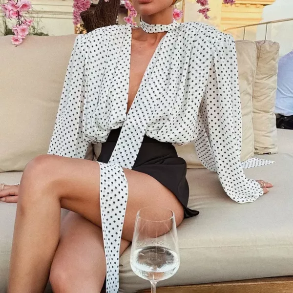 White Polka Dot V-Neck Blouse