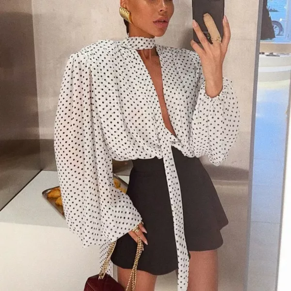 White Polka Dot V-Neck Blouse