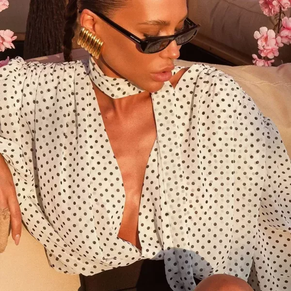 White Polka Dot V-Neck Blouse