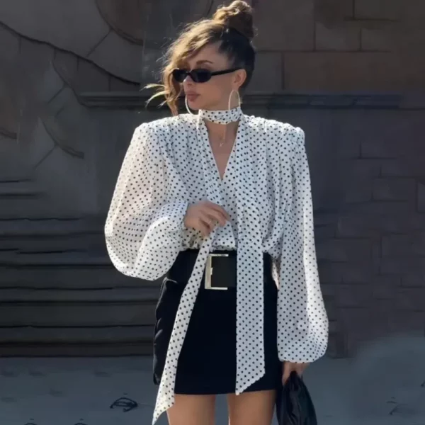 White Polka Dot V-Neck Blouse