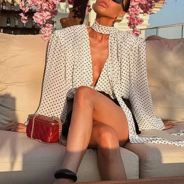 White Polka Dot V-Neck Blouse