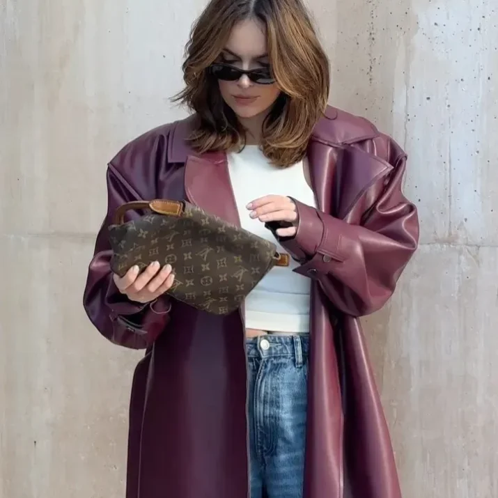 Burgundy Vinyle Belted Trench - Image 8