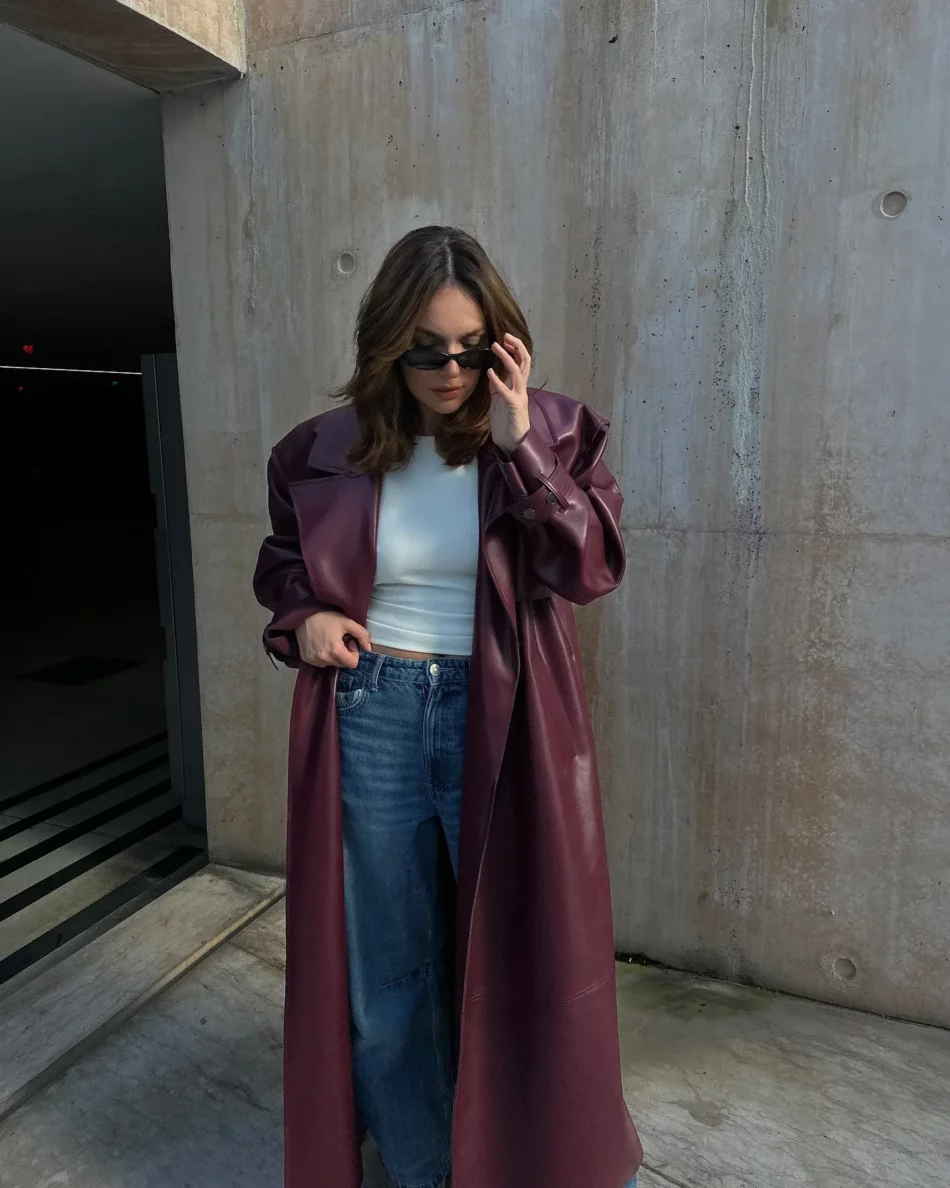 Burgundy Vinyle Belted Trench - Image 7