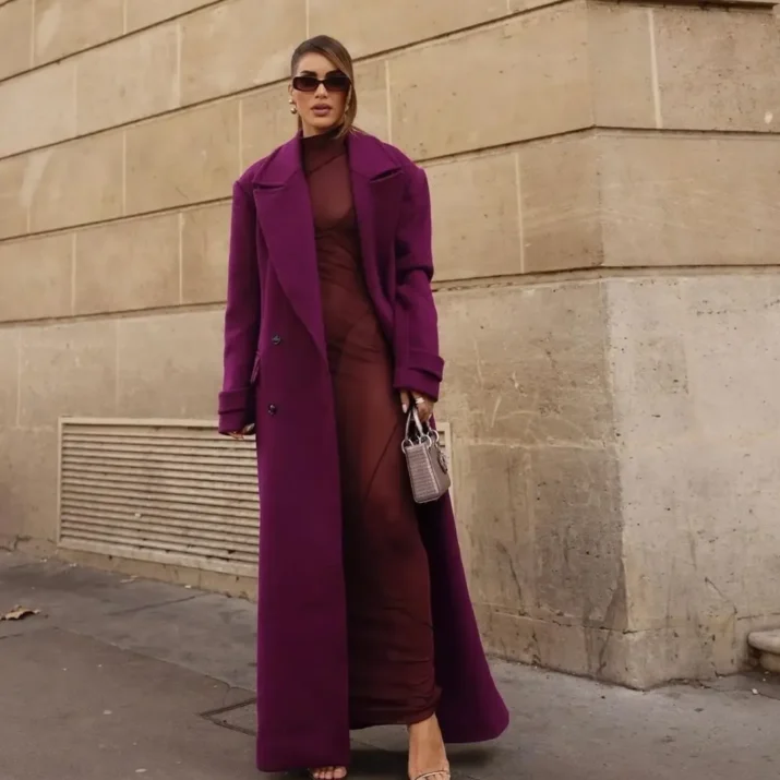 deep purple Double-Breasted Long Coat
