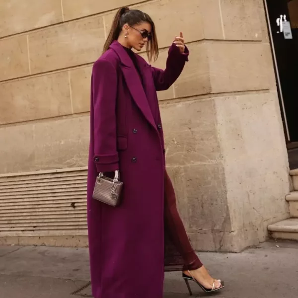 Burgundy Double-Breasted Long Coat