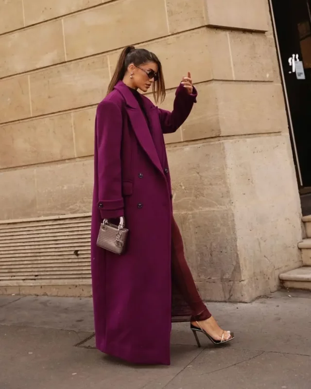 Burgundy Double-Breasted Long Coat