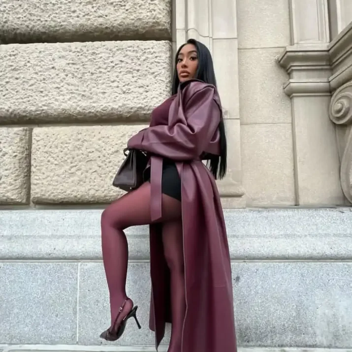 Burgundy Vinyle Belted Trench street style
