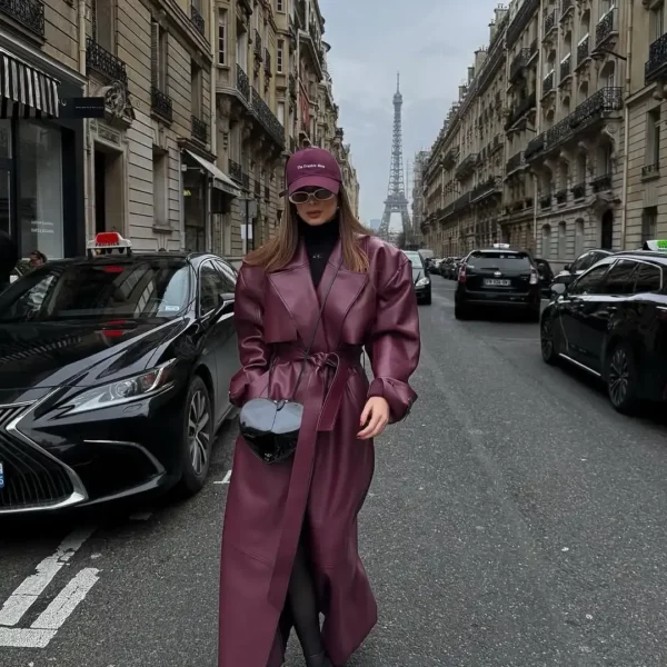 Burgundy Vinyle Belted Trench