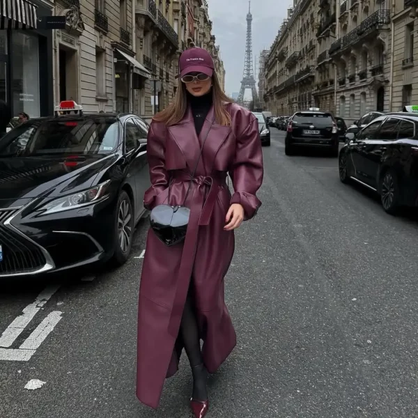 Burgundy Vinyle Belted Trench