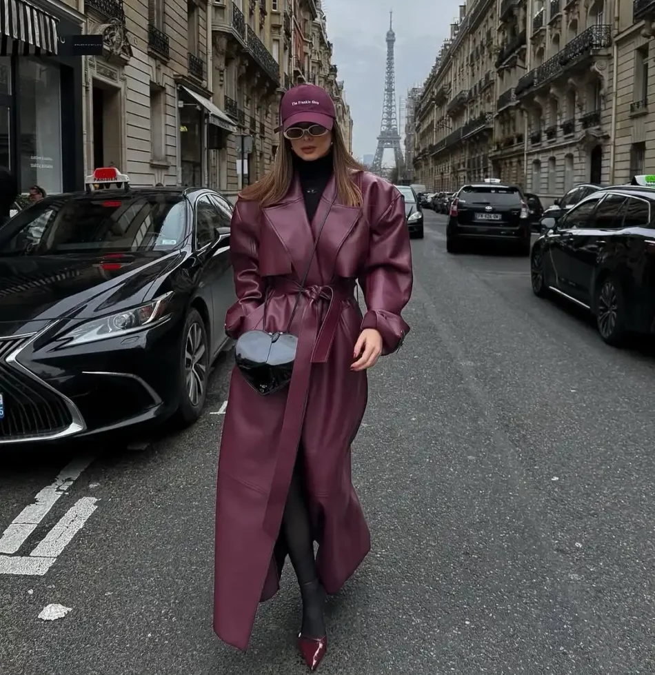 Burgundy Vinyle Belted Trench