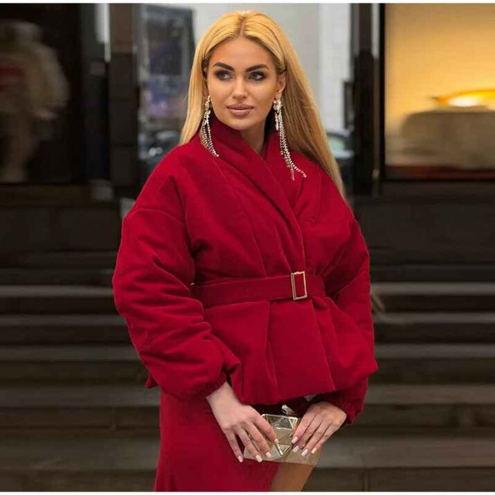 Red Velvet Belted Puffer Jacket - Image 5