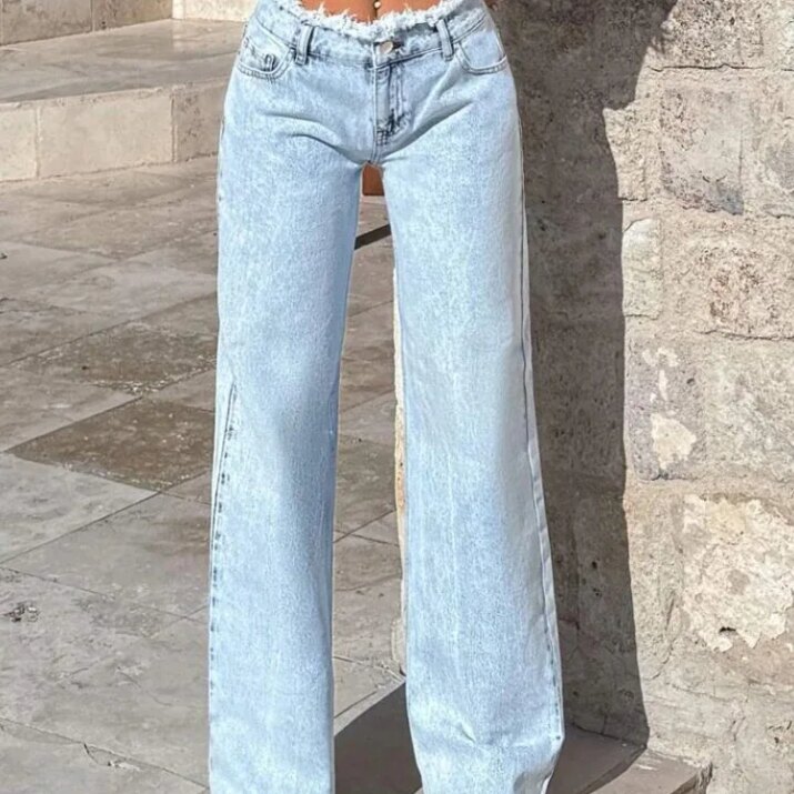 Frayed Waist Wide-Leg Jeans