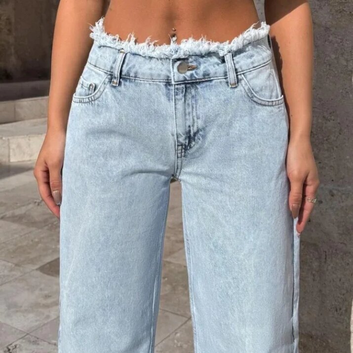 Frayed Waist Wide-Leg Jeans
