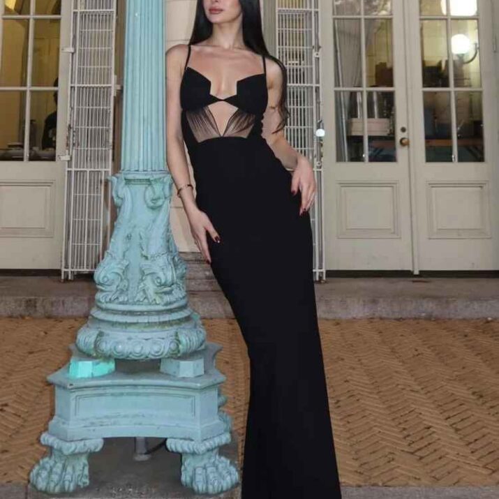 Black Cut-Out Mesh Panel Maxi Dress - Image 6