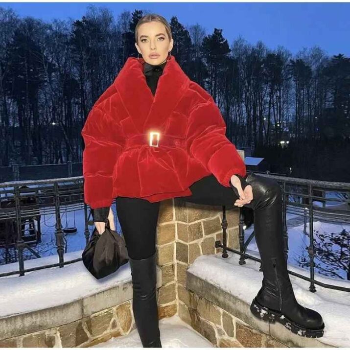 Red Velvet Belted Puffer Jacket - Image 3