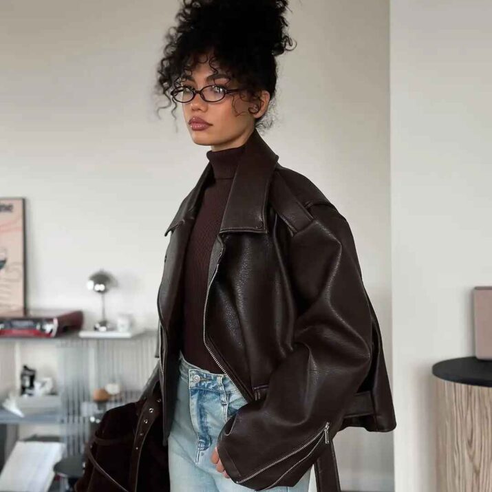 Oversized Brown Faux Leather Jacket - oversized brown faux