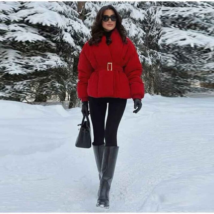 Red Velvet Belted Puffer Jacket - red velvet belted