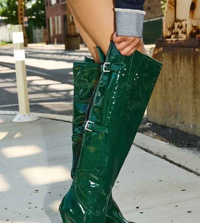 Emerald Croc Knee Boots - emerald croc knee