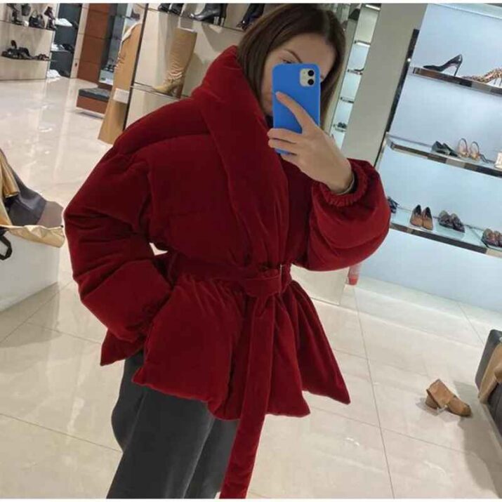 Red Velvet Belted Puffer Jacket - Image 4