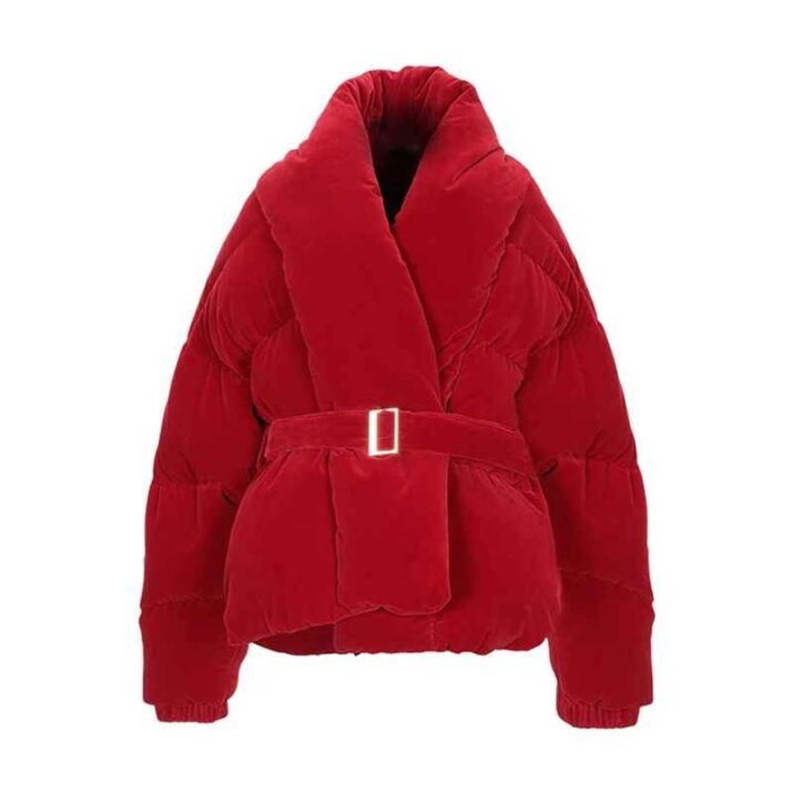 Red Velvet Belted Puffer Jacket - Image 8