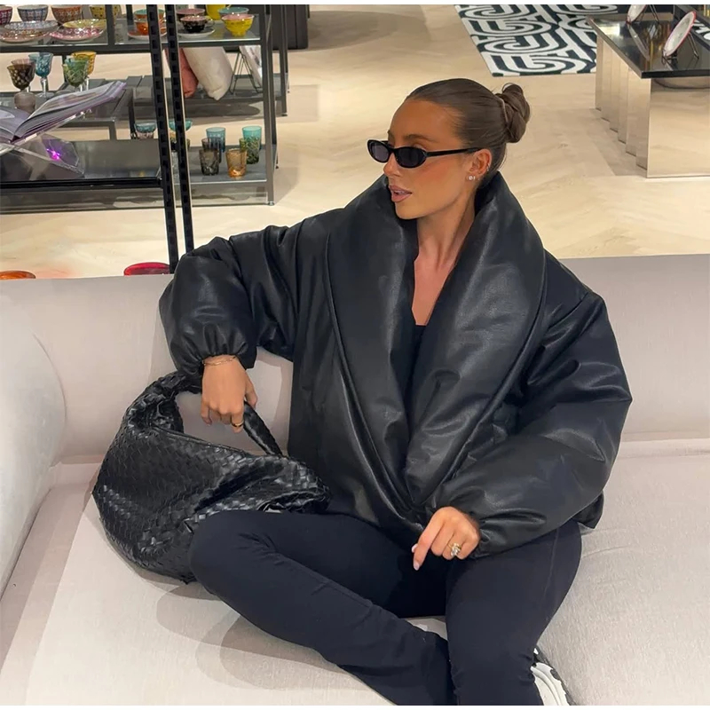 Oversized Faux Leather Puffer Jacket