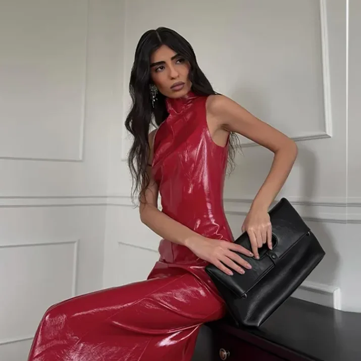 Glossy Vinyl Halter Maxi Dress - Image 9