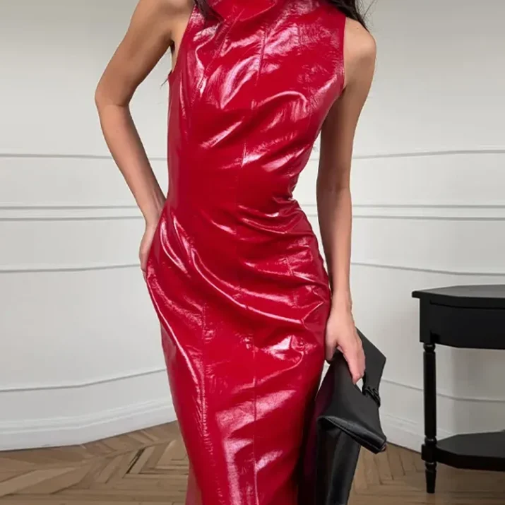 Glossy Vinyl Halter Maxi Dress - Image 6
