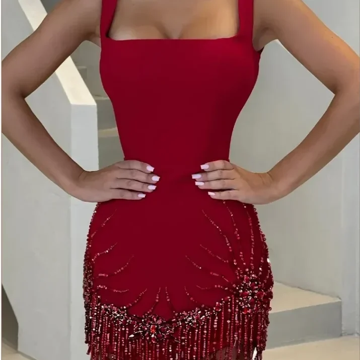 Square Neck Fringe Mini Dress