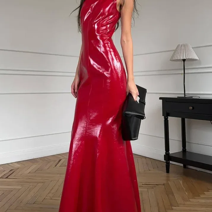Glossy Vinyl Halter Maxi Dress - Image 5