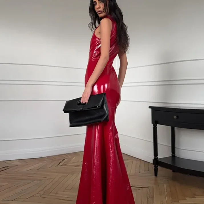 Glossy Vinyl Halter Maxi Dress - Image 8