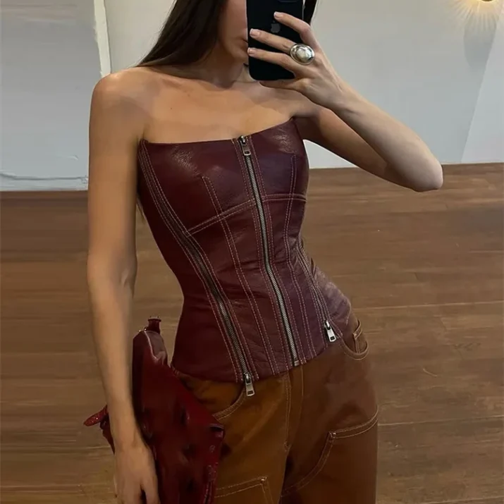 Sleek strapless leather corset top with front zipper closure