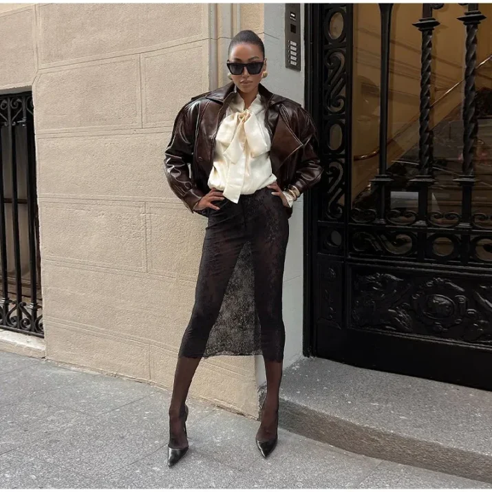 Glossy Brown Leather Jacket with High Collar Vêtements - Beniz Kloset