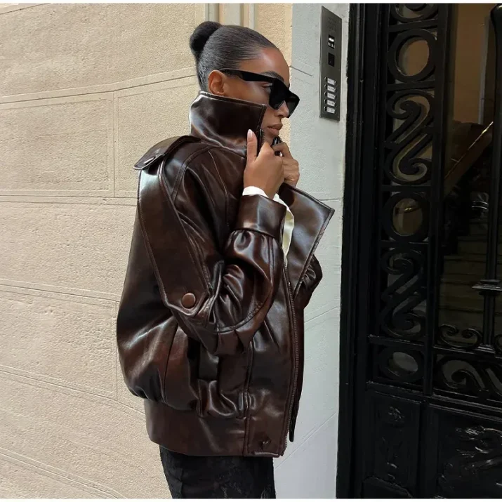 Glossy Brown Leather Jacket with High Collar Vêtements - Beniz Kloset