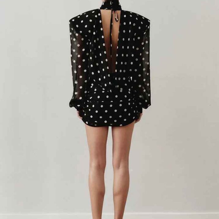 Sheer puffed sleeves on a polka dot women's dress